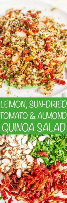 2 Tbl olive oil extra-large yellow onion diced  1 cup quinoa (I use tri-colored) 1 1/4 cups water 2 tablespoons apple cider vinegar 2 tablespoons lemon juice (zest the lemon before juicing it) 1 tsp salt, or to taste 1/2 teaspoon pepper, or to taste 1/2 cup sun-dried tomatoes (about 3 ounces), sliced thinly (I use dry rather than oil-packed but oil-packed may be drained and substituted) 1/2 cup chopped flat-leaf parsley 1/2 cup Fisher Natural Sliced Almonds 1 teaspoon lemon zest, or to taste