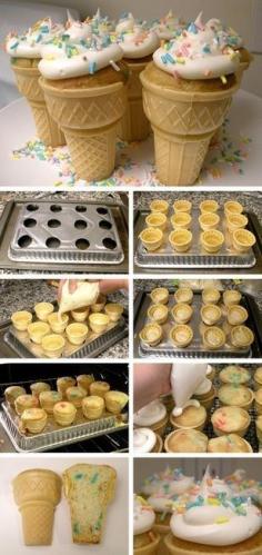 Cone Cupcakes! (tutorial credit)  Yes they look like ice cream cones but NO they’re really cupcakes! too cute! I first saw these being made on the Martha Stewart Show…  I posted the video tutorial here  but this picture montage is really handy too! all you need is your favorite cupcake recipe stick it in cones and bake them IN THE CONES! loooooove! #cupcake #cones #diy