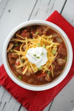 Recipe for Fiery Chicken Chili, originally from Rachael Ray- chicken beans, tomatoes and spices.