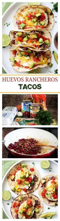 Huevos Rancheros Tacos | https://www.diethood.com | Soft tortillas stuffed with homemade refried beans, eggs, green chilies, tomatoes, cheese and diced avocados. Simple, but incredibly delicious! #brunch #recipe #healthy #breakfast #recipes