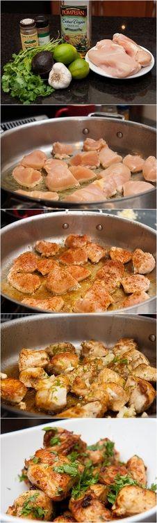 Quick Lime Cilantro Chicken- boneless chicken breasts, lime, garlic, olive oil, cumin, cayenne or chili powder, avocado and cilantro