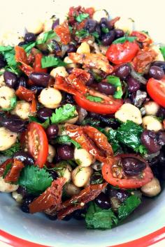 easy picnic side: Balela Salad by reluctantentertainer #Salad #Tomatoes #Chick_Peas #Black_Beans #Jalapeno #Dill #Basil #Lemon Garlic #Vinegar