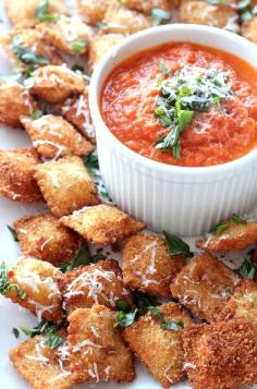 MEB's note: can't get toasted ravioli out here so will be looking around for similar recipes.  This is a start: Fried Ravioli with Cheesy Marinara Dipping Sauce