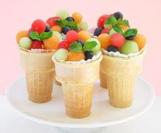 Fruit Salad Ice Cream Cones - such a cute idea.  Maybe for a baby shower?
