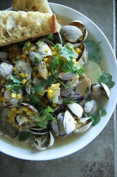 Mexican Beer Steamed Clams with Corn, Jalapeno and Cilantro by Heather Christo, via Flickr @Heather Creswell Creswell Christo