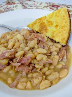 slow cooker ham and bean soup--Why would I (a kosher-keeping Jew), re-pin this?  Because a smoked turkey leg or thigh is a perfect substitute in any recipe calling for ham or ham shanks or ham hocks.  So I no longer ignore all the yummy-looking ham recipes.  This one looks delish.  I will be making this and renaming it, "Kosher Smoked Turkey Leg and White Bean Soup."