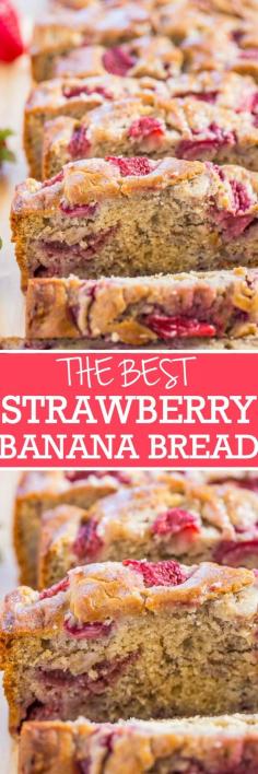
                    
                        The Best Strawberry Banana Bread - Super soft, moist bread with tons of juicy strawberries! Easy, no-mixer recipe, and THE BEST use for ripe bananas!!
                    
                