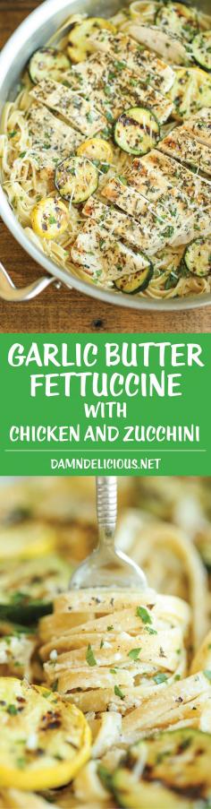 Make everyone's mouths water with this Garlic Butter Fettuccine with Chicken and Zucchini recipe (via: damndelicious.net)