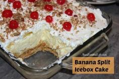 Banana Split Icebox Cake Recipe. 8 going to try to make a Gluten-Free version of this. Prep Time:45 minutes plus overnight for setting  Cook time:15 minutes  Ingredients for Crust::: • 1 1/2 cups gluten free Graham Cracker Crumbs; • 1/4 cup Sugar; • 1 stick Unsalted Butter, melted.  Ingredients for Filling::: • 1 (8oz) package Cream Cheese; • 1 (14oz) can Sweetened Condensed Milk; • 2 small boxes gluten-free instant Banana Pudding Mix; • 3 cups cold Milk;  • 1 tsp Banana Extract; • 3 cups cold Heavy Whipping Cream; • 1/4 cup Confectionery Sugar; • 1 (20oz) can Crushed Pineapple, well drained; • 2- 3 Bananas, peeled, sliced and diced; • 1 small jar Maraschino Cherries, well drained; • 2 TBSP Pecans, chopped.  Directions:::  • Preheat oven to 350°. • In a mixing bowl combine Graham cracker crumbs and 1/4 cup sugar • Add melted butter, mix until combined. • Press Graham cracker mixture into the bottom of an 8 1/2 x 11 pan. • Press to flatten well. • Bake at 350° for 15 minutes, until brown. • Cool completely on a wire rack (you can speed it along in the refrigerator). • Line cooled Graham cracker crust with sliced and diced bananas, set aside. • Beat heavy whipping cream and confectionery sugar together on high speed (you can add a dash of banana extract if you like) until peaks form. • Set aside whipped cream. • In a large mixing bowl, beat cream cheese until fluffy. • Add in sweetened condensed milk, banana pudding mixes, cold milk and banana extract, beat until smooth. • Fold in by hand 1 cup of the prepared whipped cream to the banana pudding mixture, reserving the rest of the whipped cream for the top layer. • Spread filling mixture over bananas in Graham cracker crust. • Top with well drained pineapple. • Top the filling/pineapple with remaining prepared whipped cream, spreading to cover entire mixture in the pan. • Top with maraschino cherries and diced pecans. • Note: you can add drizzled chocolate syrup if you like. • Refrigerate overnight to allow to fully set.  Makes 1 Banana Split Ice Box Cake, servings for 12