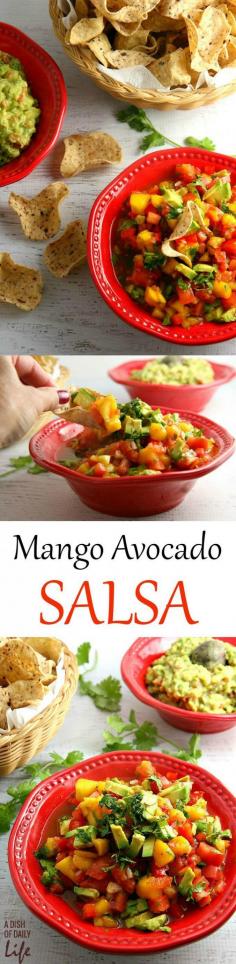 
                    
                        Get ready for a flavor explosion of deliciousness with this Avocado Mango Salsa recipe! This crowd pleaser is great as a party appetizer served with chips, or served as an accompaniment to seafood or chicken.
                    
                