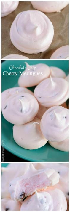 
                    
                        Homemade chocolate chip cherry meringues that are sweet, light, and airy on the inside with a crisp exterior. These cookies practically melt in your mouth.
                    
                