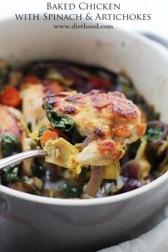 Baked Chicken with Spinach and Artichokes [recipe] by Diethood | Category: Entree | Tag(s): artichokes, chicken, spinach, vegetables