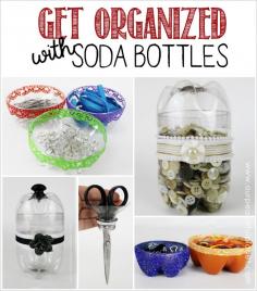 
                    
                        Get organized with plastic bottles! You can cut them, paint them and decorate them to hold all kinds of things. What a great way to upcycle!
                    
                