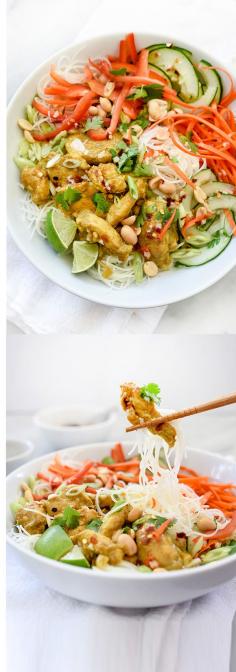 
                    
                        This clean and fresh noodle salad gets its savory flavor from curried chicken chunks dressed with a lime and rice vinegar dressing and tons of fresh veggies and leafy green herbs | foodiecrush.com
                    
                