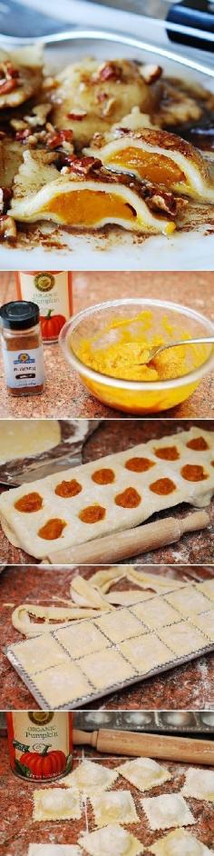 Perfect Thanksgiving recipe: Pumpkin ravioli with brown butter sauce and pecans. | pumpkin recipes. pasta recipes