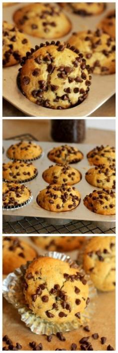 Banana Chocolate Chip Muffins - Fluffy banana muffins studded with loads of chocolate chips. Perfect for breakfast, brunch or dessert.