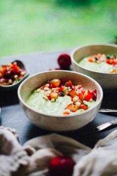 Chilled Avocado Soup with Plum Pico de Gallo - A creamy, savory cold avocado soup with plum pico de gallo! A perfect new way to eat avocado. A healthy lunch or dinner in 10 minutes!