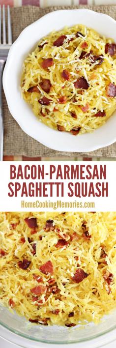 One of the best easy side dishes: Bacon-Parmesan Spaghetti Squash recipe! Only 4 ingredients! A must-make fall recipe when spaghetti squash is in season. #glutenfree #recipes #gluten #healthy #recipe