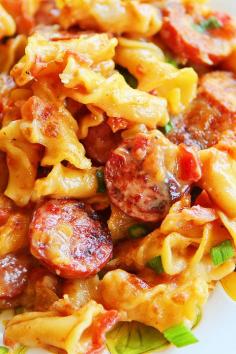 Spicy Sausage Pasta- Very yummy! Used turkey smoked sausage and probably added way too much cheese and used 1/2 and 1/2 instead of heavy cream, but we all really liked it. I loved that it was a one pot meal, need more of those recipes.