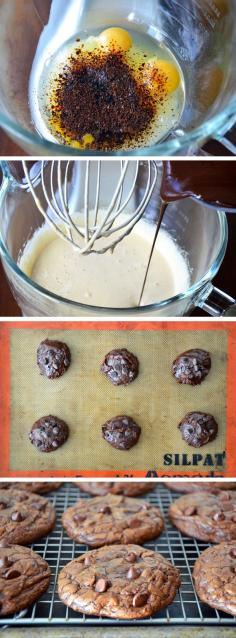 Chocolate Chip espresso Brownie Cookies from @Kelly Teske Goldsworthy Senyei | Just a Taste #recipe #cookies