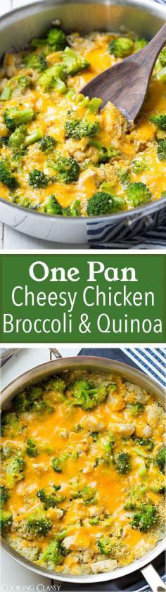 One Pan Cheesy Chicken Broccoli and Quinoa - Ive already made this 3 times now! My husband and I love it! Easy, healthy and delicious!