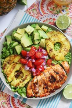 sriracha lime chicken chopped salad- Great summer salad. The grilled pineapple adds a sweet touch. I would do a thicker marinade, or let the chicken marinate for a day next time. The sriracha flavor didn't stand out much.