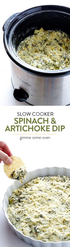 
                        
                            Slow Cooker Spinach Artichoke Dip -- the delicious dip that we all love, made extra quick and easy in the crock pot | gimmesomeoven.com
                        
                    