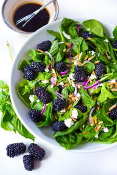 Blackberry Basil Salad - Blackberry, spinach and basil with crumbled goat cheese, and toasted almonds with a simple balsamic vinaigrette.