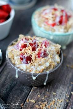 Slow Cooker Coconut and Strawberry Oats. Prepare this healthy breakfast recipe the night before and wake up to a delicious meal!