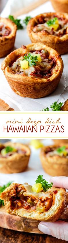 EASY Mini Deep Dish Hawaiian Pizzas baked in premade crescent dinner rolls for an easy buttery, fluffy crust and stuffed with your favorite Hawaiian pizza toppings smothered in a barbecue marinara. Fabulous appetizers or fun family meal and totally customizable - the possibilities are endless! #pizza #Hawaiian #Hawaiianpizza #mini