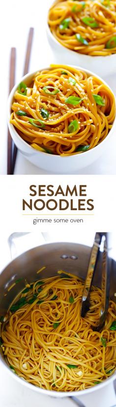 
                    
                        Sesame Noodles -- a super quick and easy to make that's always delicious!  Perfect as a side dish, or add in your favorite protein or veggies to make this a main course. | gimmesomeoven
                    
                