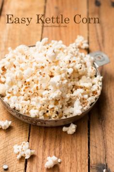 Kettle Corn: 1/4 C canola oil, 1/4 C sugar, 1/2 C popcorn kernels -- heat oil in heavy pan, sprinkle sugar over oil, add popcorn kernels, cover, and move pan back and forth across the burner. Once kernels slow down popping, remove from heat, add some salt to popcorn and serve.