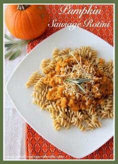 Pumpkin Sausage Rotini is a savory autumn dish that is ready in 10 minutes!  by www.cookingwithruthie.com #recipes #pumpkin #dinner