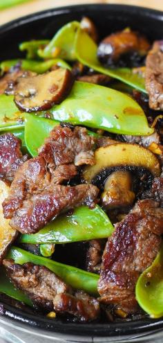 (Chinese) Asian Beef with Mushrooms & Snow Peas in a homemade Asian sauce – delish and easy-to-make! Tender mushrooms, crisp snow peas, and thinly sliced sirloin steak strips sautéed in garlic. Gluten free Asian food, recipe