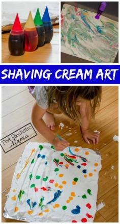 Marbled Shaving Cream Prints, I didn't know they were this easy, the kids would love this! Need food coloring, shaving cream, fork or utensil for them to swirl with, and paper to put on top when they are done to transfer the color.