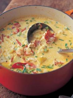 Lobster Corn Chowder - 3 (1½lb) cooked lobsters, cracked and split -3 ears corn For the stock: -6 tbs (¾ stick) unsalted butter -1 cup chopped yellow onion -¼ cup cream sherry -1 tsp sweet paprika -4 cups whole milk -2 cups heavy cream -1 cup dry white wine For the soup: -1 tbs good olive oil -¼ lb bacon, large-diced -2 cups large-diced unpeeled Yukon gold potatoes (2 medium) -1½ cups chopped yellow onions (2 onions) -2 cups diced celery (3 to 4 stalks) -1 tbs kosher salt -1 tsp freshly ground black pepper -2 tsp chopped fresh chives -¼ cup cream sherry
