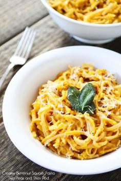 I'd make it with spaghetti squash! | Creamy Butternut Squash Pasta Recipe on twopeasandthierpod.com Creamy, comforting, and healthy! #recipe