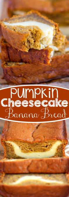 
                    
                        This Pumpkin Cheesecake Banana Bread is perfect for dessert but also doubles as an amazing breakfast...or snack...or lunch. It's pretty amazing no matter what time you eat it! Ultra moist and bursting with pumpkin flavor!
                    
                