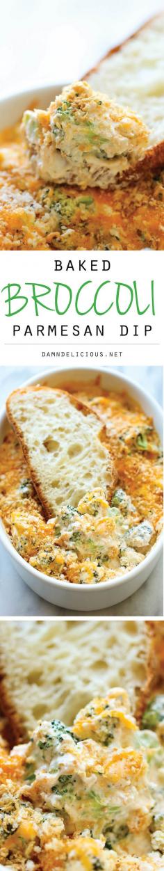 Baked Broccoli Parmesan Dip: A wonderfully hot and cheesy broccoli dip that is sure to be a crowd pleaser – people will be begging you to make more! #Recipe #PartyFood