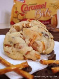Caramel Pretzel Chocolate Chip Cookies Recipe ~ CHUNKS of pretzels, caramel bits, & chocolate chips.  These are no wimpy cookies.  They're thick, chunky, sweet, & salty!