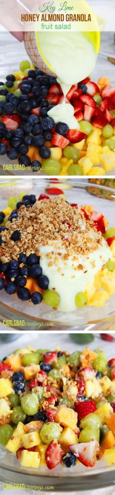 Key Lime Honey Almond Granola Fruit Salad - Chop, toss eat! creamy, sweet and citrusy with a satisfying granola crunch.Take fruit salad to a whole new level of delicious! PERFECT for crowds!