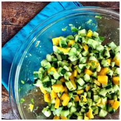 Mango Avocado Cucumber Salad Recipe by Elizabeth Rider. Get more avocado recipes at www.elizabethrider.com. #avocado #summer #recipe
