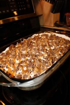 Better Than Sex Cake Recipe - delicious chocolate poke cake with whipped cream topping and topped with caramel and heath bar bits! #dessert #recipe #treat #sweet #recipes