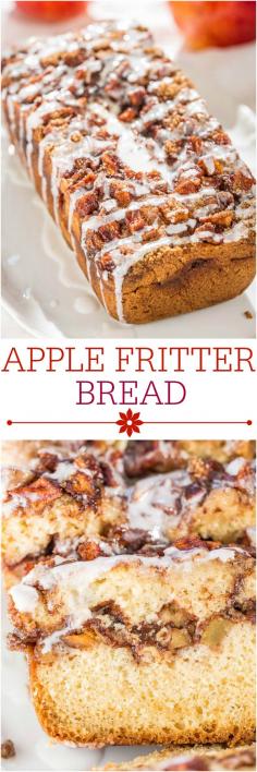 Apple Fritter Bread - Soft, fluffy bread that's stuffed AND topped with apples, cinnamon, and sugar!! Like apple fritters in bread form!! Best apple bread EVER! http://www.mervedinger.com