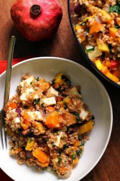 
                    
                        Earthy flavors and sweet roasted veggies come together in this healthy farro salad with butternut squash, red onion, and brie.
                    
                