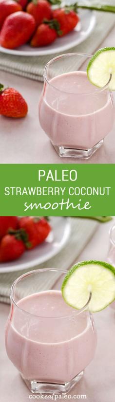 
                    
                        This paleo strawberry coconut smoothie is sweet and creamy with no added sugar or dairy. Perfect for breakfast or a snack. ~ cookeatpaleo.com
                    
                