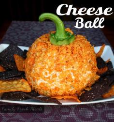 Easy Cheese Ball Appetizer!  Great for any Fall, Halloween or Thanksgiving party! Cute how they use the bell pepper stem for the pumpkin stem.