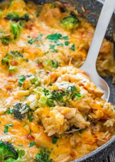 One Pot Cheesy Chicken Broccoli and Rice Casserole -replace rice with quinoa