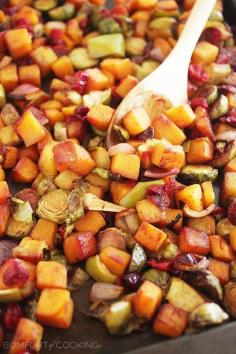 The Comfort of Cooking » Roasted Butternut Squash and Brussels Sprouts with Cranberries, Apples and Onions #vegetarian #recipes #veggie #healthy #recipe