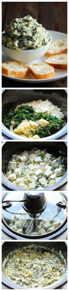 Slow Cooker Spinach and Artichoke Dip - Simply throw everything in the crock pot on low for the easiest most effortless spinach and artichoke dip! Use your favorite dip recipe and adjust to taste.